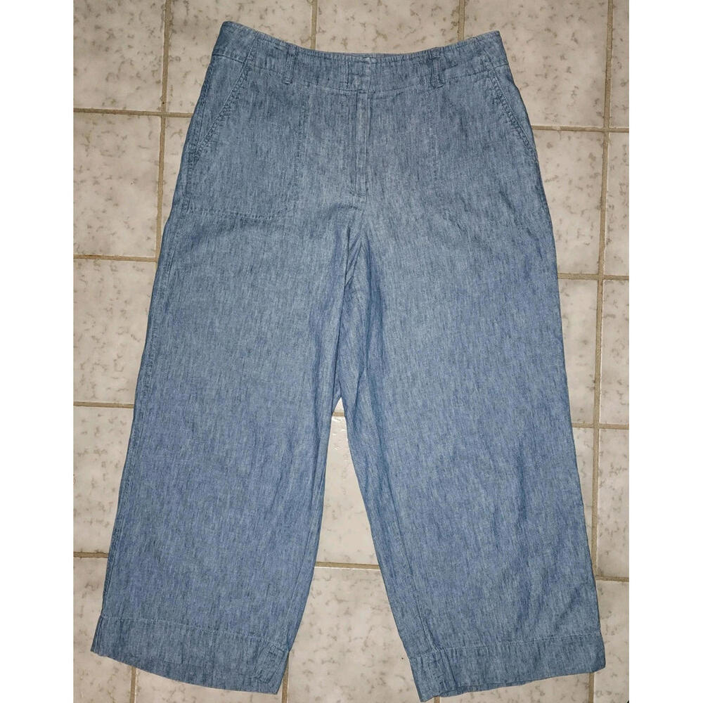 Talbots Women's Wide Leg Linen Blend Pants Size 8 Blue Preppy Trendy Nautical